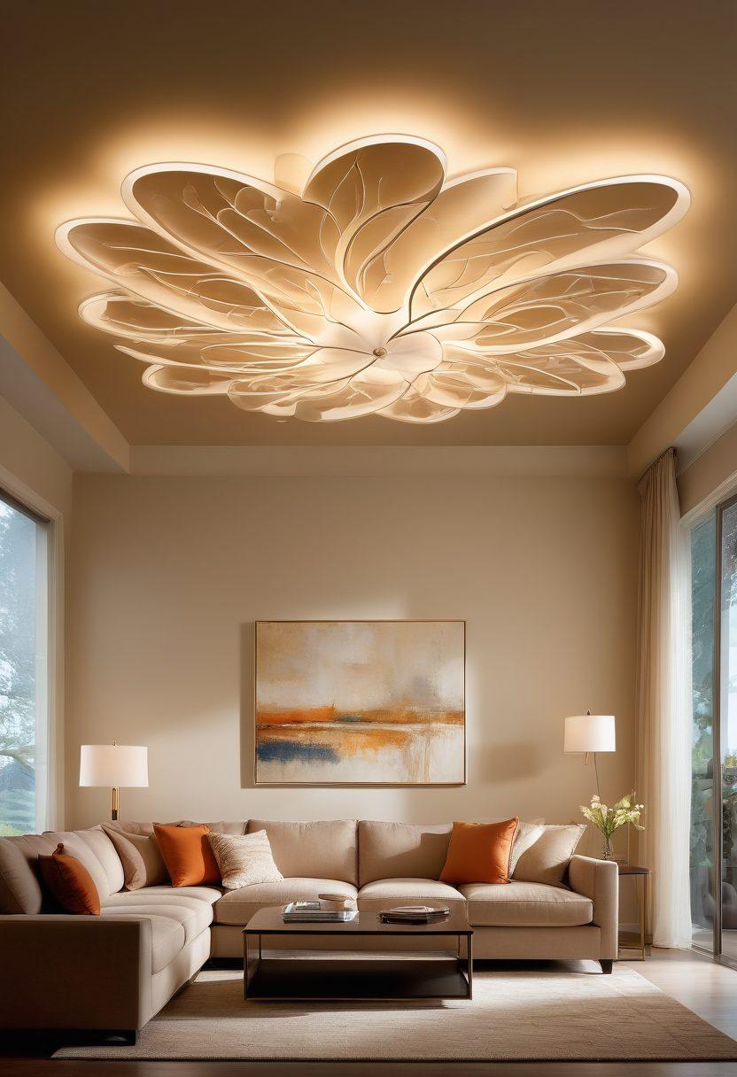 An intricate, energy-efficient FX luminaire illuminating a modern, stylish living room with custom lighting designs. Include a sleek, eco-friendly light fixture emitting a warm, ambient glow, casting elegant patterns on the walls and ceiling. The room should be furnished with contemporary decor, showcasing the perfect blend of efficiency and elegance. painting. warm colors.