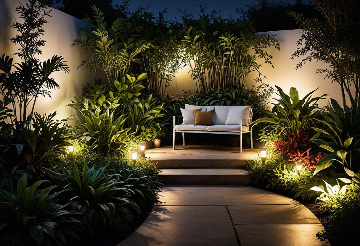 A serene, night-time garden illuminated by elegant FX Luminaire landscape lighting. Pathways lined with soft, ambient lights leading to a cozy outdoor seating area, surrounded by lush plants and flowers. Subtle shadows and highlights create a magical, inviting atmosphere. Super-realistic. Vibrant colors. White background.