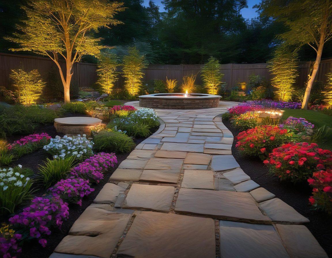 A beautifully landscaped backyard at twilight featuring innovative FX Luminaire lighting solutions. The scene includes a stone pathway illuminated by warm LED lights, accentuating a vibrant garden with colorful flowers, a serene water feature, and majestic trees. The lighting creates captivating shadows and highlights, showcasing the seamless integration with nature. super-realistic. vibrant colors.
